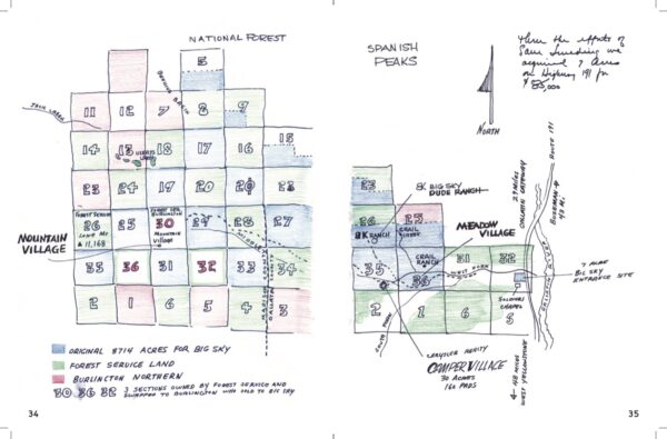 Ed Homer’s sketched map of checkered land plot allocations. Photo from the book by Ed Homer, “Chet Huntley’s Big Sky Montana.”